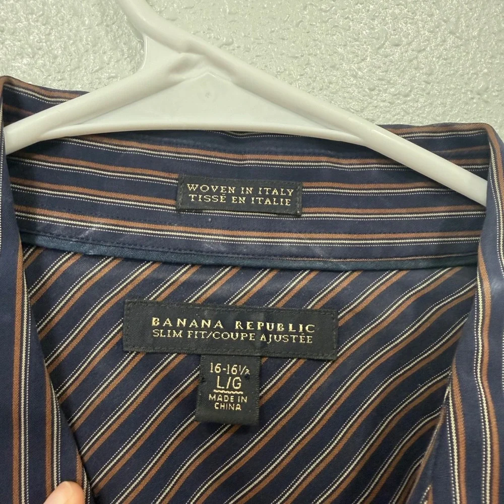 Banana Republic Mens Slim Fit Striped Button Down Shirt Navy Cotton L 16-16.5